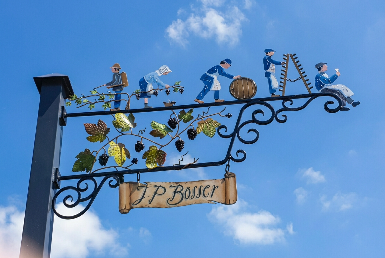 Wrought-iron sign in the village of Hautvillers, UNESCO-listed vineyards, birthplace of Champagne